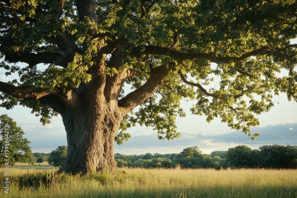 A majestic old oak tree stands solitary in a vast field, basking in gentle golden sunlight. A majestic old oak tree stands solitary in a vast field, basking in gentle golden sunlight.