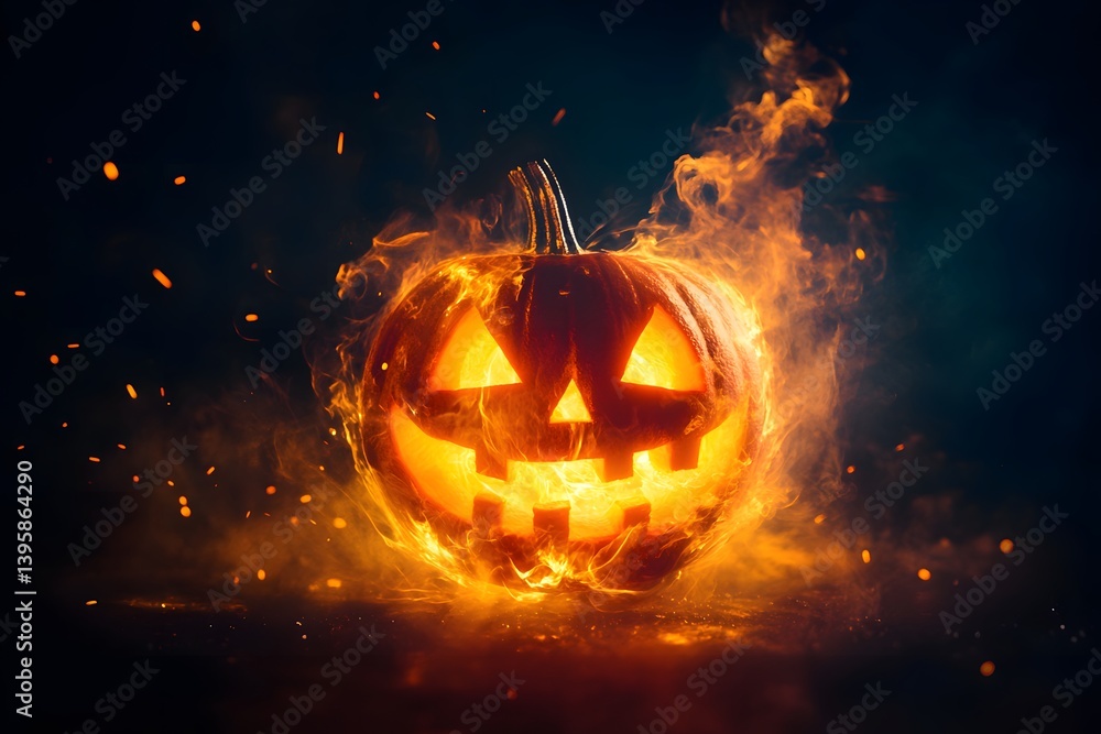 Naklejka premium Glowing halloween pumpkin surrounded by flames against a dark background spooky season.