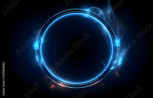 Abstract blue glowing light ring on a black background with smoke, a dark neon circle frame with space for text or design