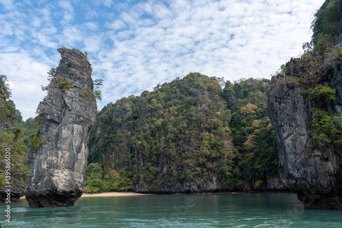 Koh Ku Du Yai or Kudu Yai island, limestone karst tower in Phang Nga Bay, Andaman sea, Thailand