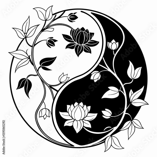 Yin-yang floral symbol blending lotus and ivy