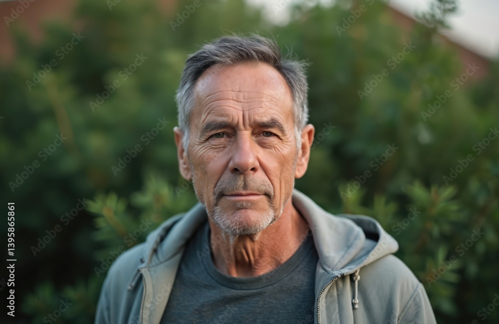 Close-up portrait of mature man outdoors. Serious look on face, gray hair, casual wear. Senior male in nature, possibly pensioner or retired. Lifestyle photography for advertisements or magazines. Close-up portrait of mature man outdoors. Serious look on face, gray hair, casual wear. Senior male in nature, possibly pensioner or retired. Lifestyle photography for advertisements or magazines.