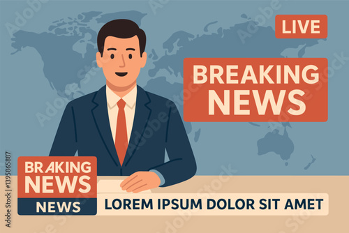 Breaking news broadcast concept with anchorman and world map background