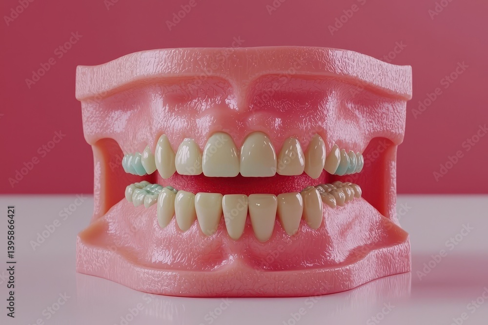 Obraz premium Close-Up Scene of Isolated Fake Teeth on Color Background Representing Painless Dental Care and Health Awareness