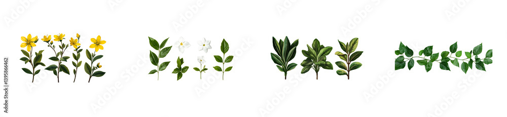 Assorted flowers and leafy sprigs illustrations, cut out transparent
