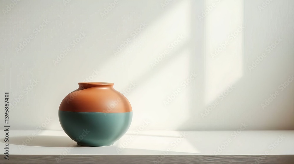 A two toned vase sitting on a white shelf with a white wall behind it