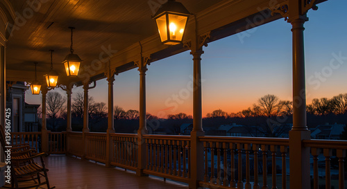Elegant Victorian Veranda With Hanging Lanterns and Sunset Glow Background