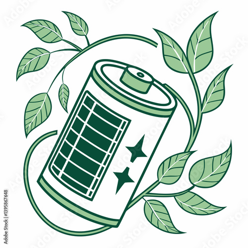 Eco-friendly battery icon with green leaves and solar panel texture