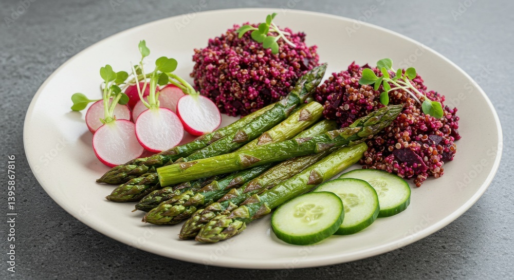 A plate with asparagus, red quinoa, sliced radishes, and cucumber on a gray background surface A plate with asparagus, red quinoa, sliced radishes, and cucumber on a gray background surface