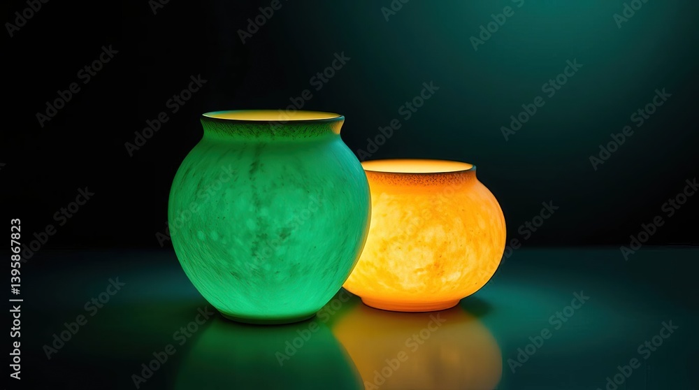 Two glowing vases one green and one orange on a dark background