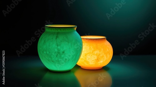 Obraz na płótnie Two glowing vases one green and one orange on a dark background w salonie