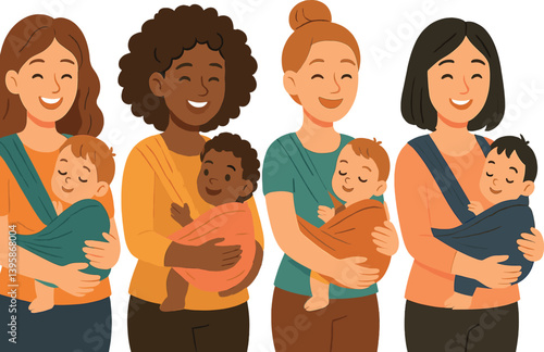 Diverse mothers and babies bonding in colorful baby slings