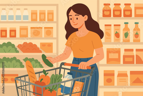 Happy woman shopping for groceries in supermarket with cart in produce aisle