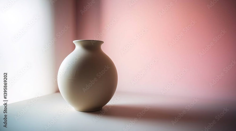 Still life of a beige vase against a pink and white gradient wall