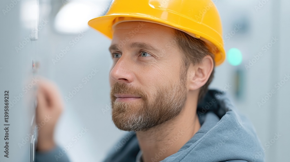 skilled technician wearing hard hat inspects electrical panels in minimalist workspace emphasizing focus and productivity skilled technician wearing hard hat inspects electrical panels in minimalist workspace emphasizing focus and productivity