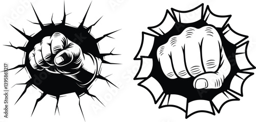 Comic Punch Fist Breaking Wall, Vector Pop Art Action Icon Duo
