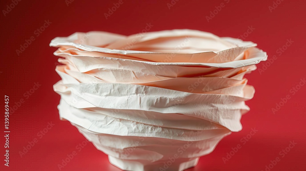 A close up of a stack of white paper filters on a red background