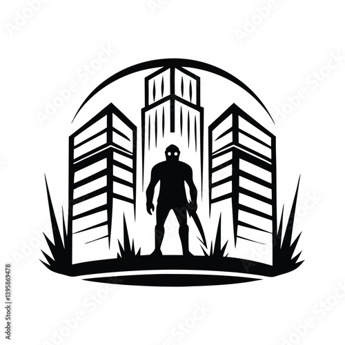 Isolated silhouette of a hooded figure standing tall with sword between modern buildings