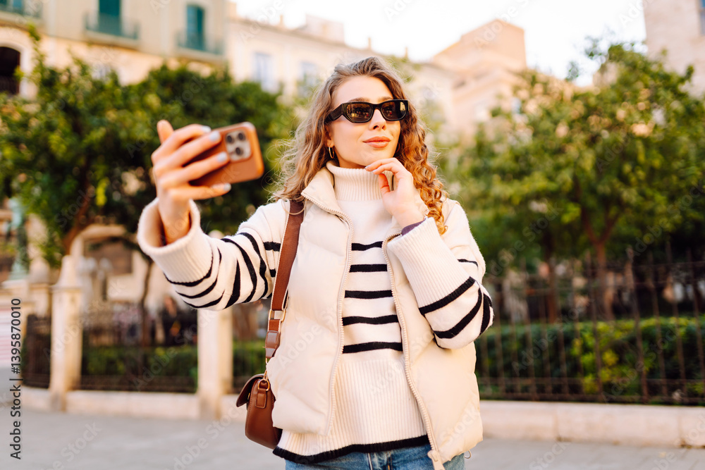 Fototapeta premium Beautiful tourist with phone and sunglasses blogging and taking selfie at sunset. Young woman enjoying walk outdoors. Concept of blogging, tourism, enjoyment.