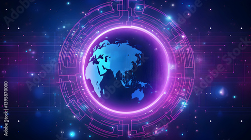 Abstract futuristic background with a digital planet Earth, circuit board, and glowing lights in purple, blue, and pink colors