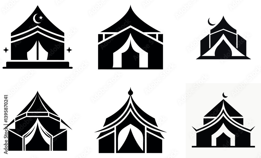 Obraz premium Simple black and white illustrations of various tents and mosques.