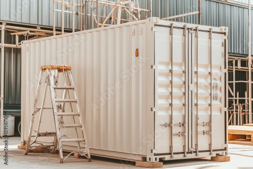 Temporary Container Structure Painted Light Located at a Construction Site During Daylight Hours