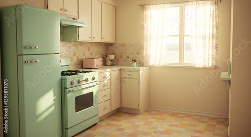 Retro Kitchen With Pastel Appliances and Linoleum Flooring Style