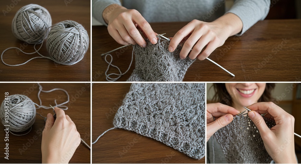 A woman knitting with gray yarn and metal needles on a wooden table