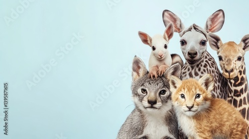 Diverse animal collection portrait against a light blue backdrop