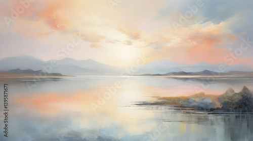 Abstract landscape painting with pastel colors, depicting a sunrise over the lake, with soft brush strokes and gentle lighting, capturing an ethereal atmosphere