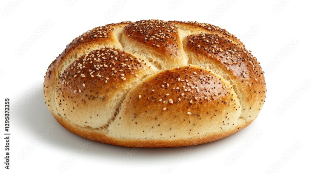Round, seeded bread, golden-brown crust Round, seeded bread, golden-brown crust