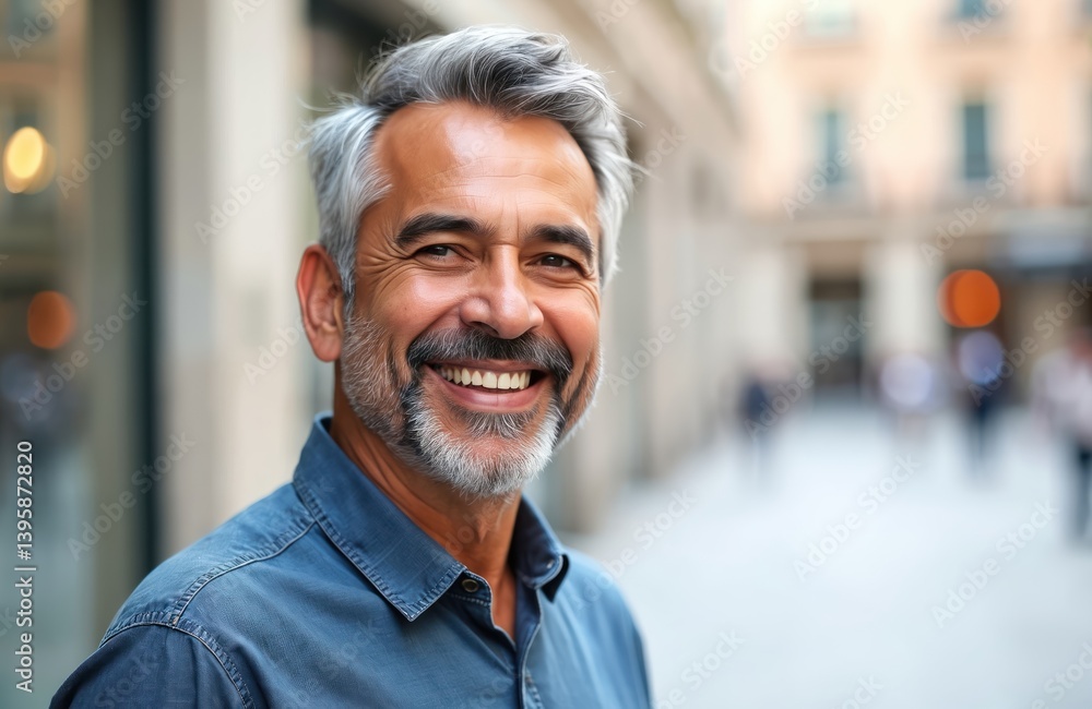 Naklejka premium Middle-aged Hispanic man with grey hair smiles at camera in city. Happy, confident, mature male in casual attire enjoys outdoors. Smiling senior in urban background. Lifestyle portrait, happiness,
