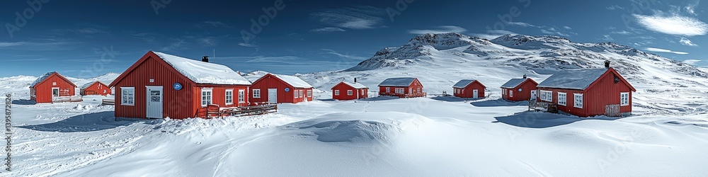 Red cabins nestled in a snowy, mountainous landscape under a vibrant blue sky Red cabins nestled in a snowy, mountainous landscape under a vibrant blue sky