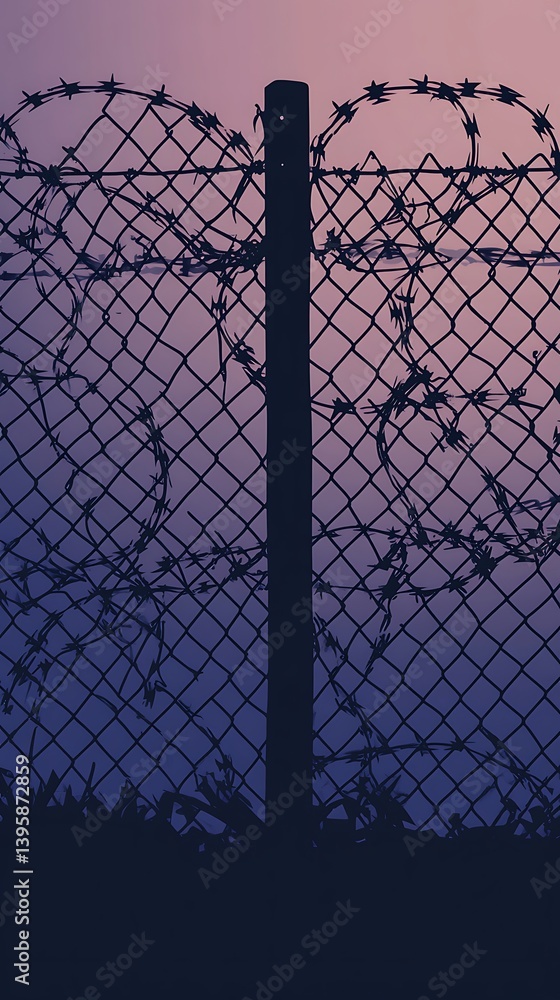 Silhouette Chain Link Fence Topped with Barbed Wire Over Purple Hued Sky Silhouette Chain Link Fence Topped with Barbed Wire Over Purple Hued Sky