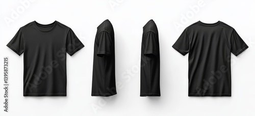 Four views of a black t-shirt on white background; front, back, and side profiles.