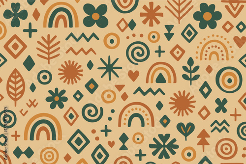 Retro abstract pattern with geometric shapes and nature motifs for creative design