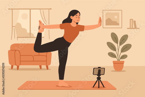 Woman practicing yoga at home with digital device for virtual class