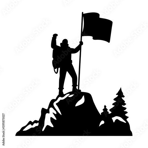 Silhouette of Climber Reaching the Summit Triumphantly Holding a Flag High Atop a Mountain Peak