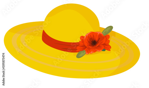 yellow straw wide-brimmed women's hat with red ribbon and red and blue poppies; vector graphics