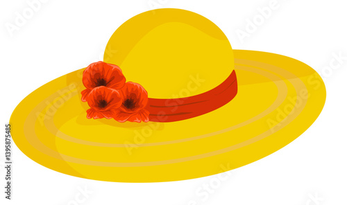 yellow straw wide-brimmed women's hat with red ribbon and red and blue poppies; vector graphics
