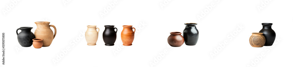 Collection clay vases with handles. Variety shapes, cut out transparent Collection clay vases with handles. Variety shapes, cut out transparent