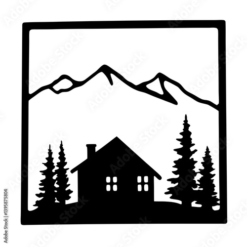 Mountain Cabin Silhouette Framed Artwork Black and White Minimalist Home Decor Nature Landscape Print