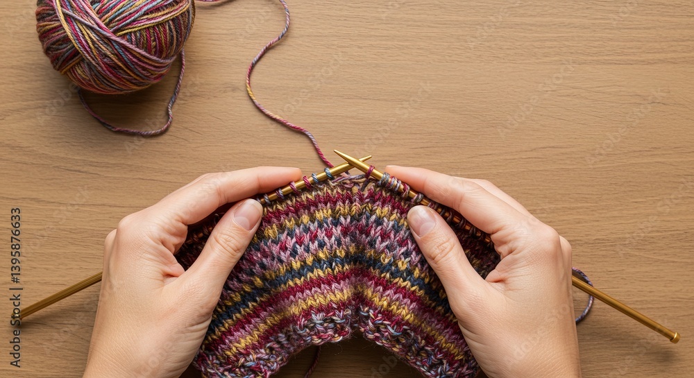 Hands knitting colorful yarn with needles on a wooden surface top view