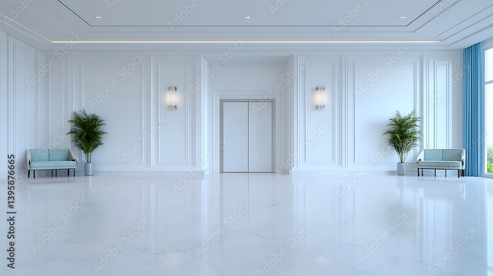 Fototapeta premium Elegant Reception Area with White Walls, Marble Floor, Modern Lighting and Seating, a Minimalist Design Interior Space.