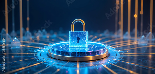 3d pop up lock place in a frost glass platform with connected circuit, dark blue background with glowing lines and lock, gold, blue, purple, colors theme, minimalist, 