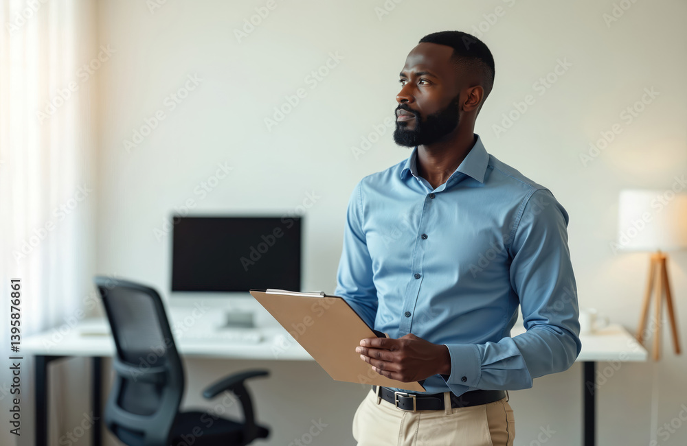 Thoughtful black businessman holding clipboard in modern office. Pro male stands near workplace, looks away. Confident manager, corporate employee, business concept, career, leadership, entrepreneur. Thoughtful black businessman holding clipboard in modern office. Pro male stands near workplace, looks away. Confident manager, corporate employee, business concept, career, leadership, entrepreneur.