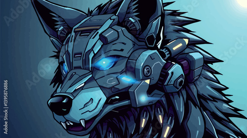 Futuristic cybernetic wolf vector illustration with robotic details and glowing blue eyes.