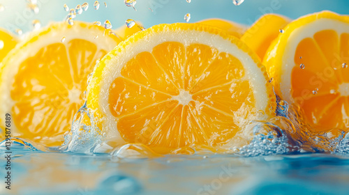 Lime slices with refreshing lemonade liquid background. Texture of detox cooling sweet summer drink with macro texture