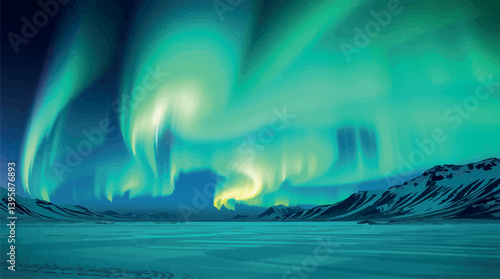 Glowing aurora borealis background with northern lights effect and cosmic landscape.