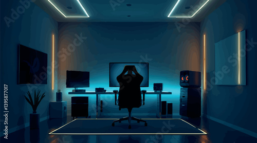 Outline of a modern gaming room with LED lighting simple vector illustration.